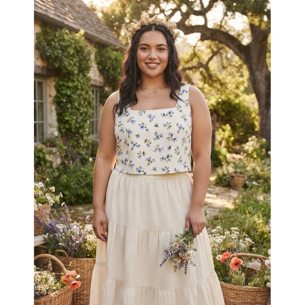 NWT Old Navy Floral Linen Blend Square Neck Tank Top XL Cottagecore Prairie Boho